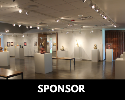 Button for Sponsor page. Gallery full of sculptures on pedestals.