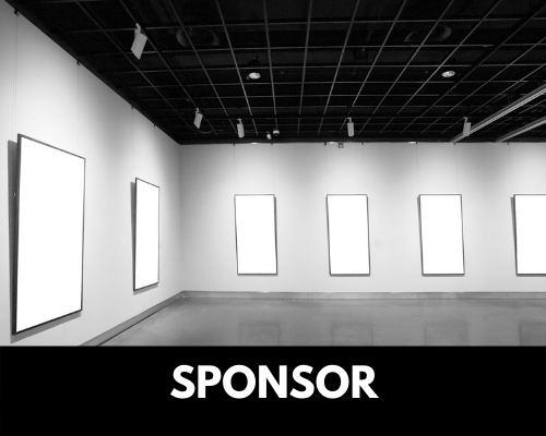A button for the Sponsor page. A black and white image of blank, white canvases on a wall.