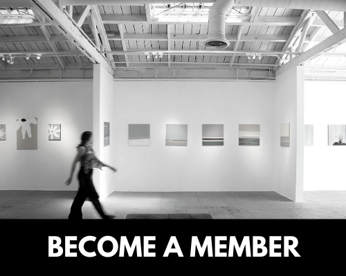 A button for the Become a Member page. A black and white image of a woman walking through a gallery.