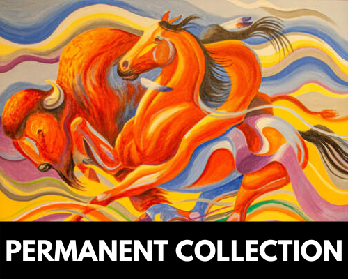 Button for Permanent Collection page. Brightly colored abstract painting of a horse and bison.